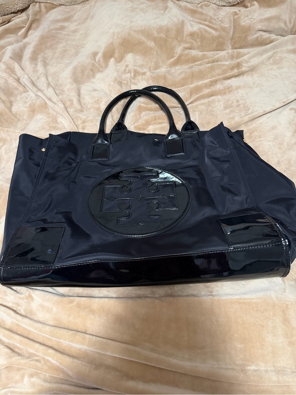 Tory Burch Ella Black Nylon Tote with Patent Trim